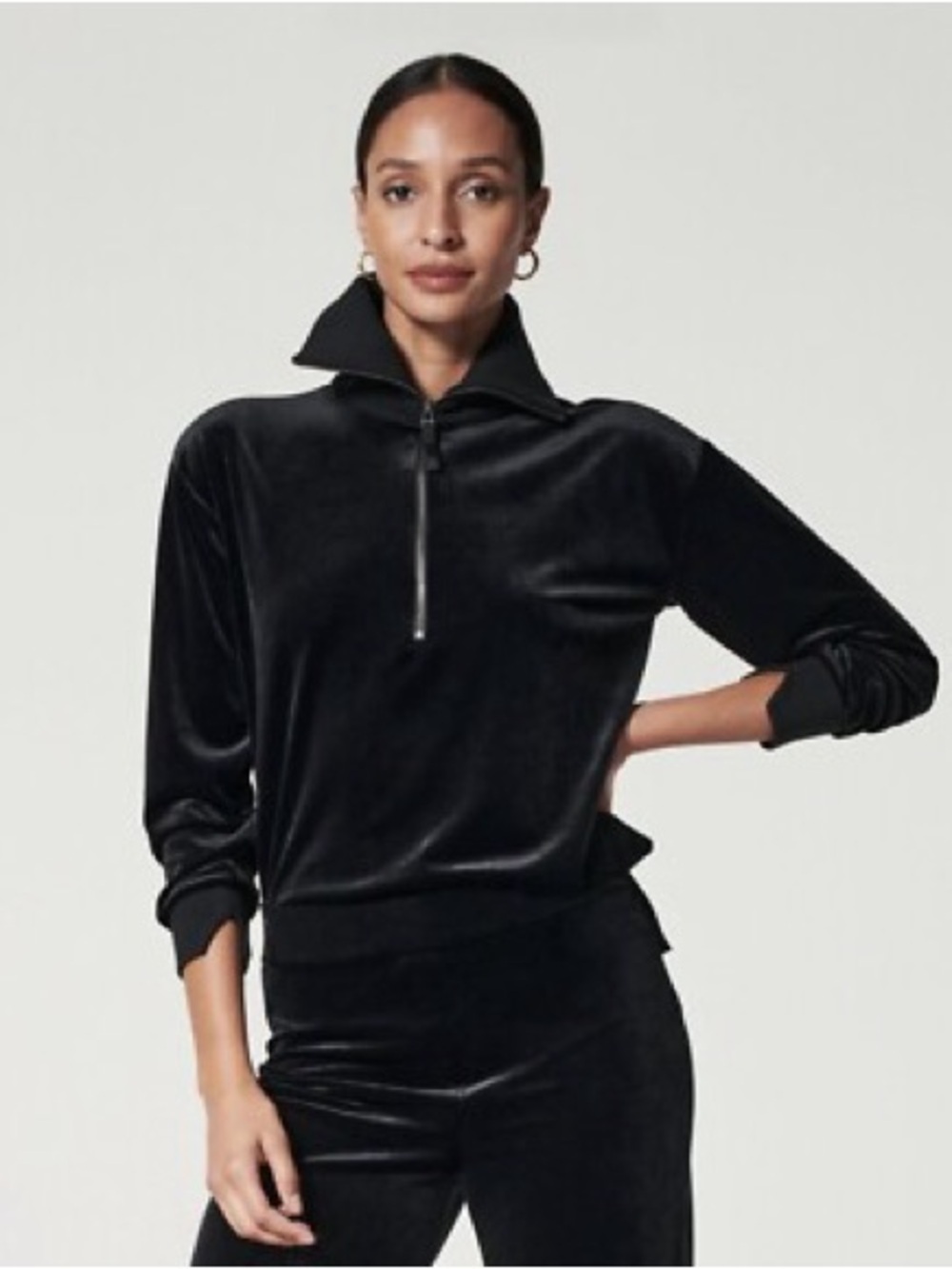 Spanx - Black Plush Soft Long Sleeve Lightweight Half Zip Velvet Pullover SZ XS